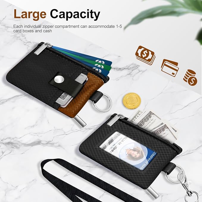 Minimalist RFID Blocking Small Wallet with ID Window,WaterResistant Zip Id Case Wallet with Lanyard Keychain for Cards,Cash,Travel,Women,Men (Black/Brown) - Image 7