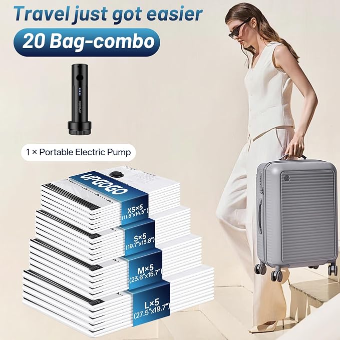 UPGOGO Travel Vacuum Bags for Luggage with Portable Electric Pump,Vacuum Seal Bags for Clothing,Packing Cubes Compression,Cruise Ship and Travel Essentials(Combo 20 Pack) - Image 2