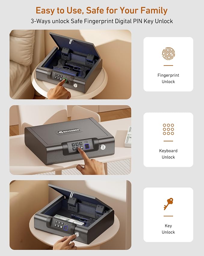 BILLCONCH Gun Safe,Biometric Fingerprint Gun Safe for Handgun Pistol Safes | Fingerprint PIN Key Unlock, Interior Light and USB Charging Lock box with Silent Mode for Bedroom Nightstand - Image 2