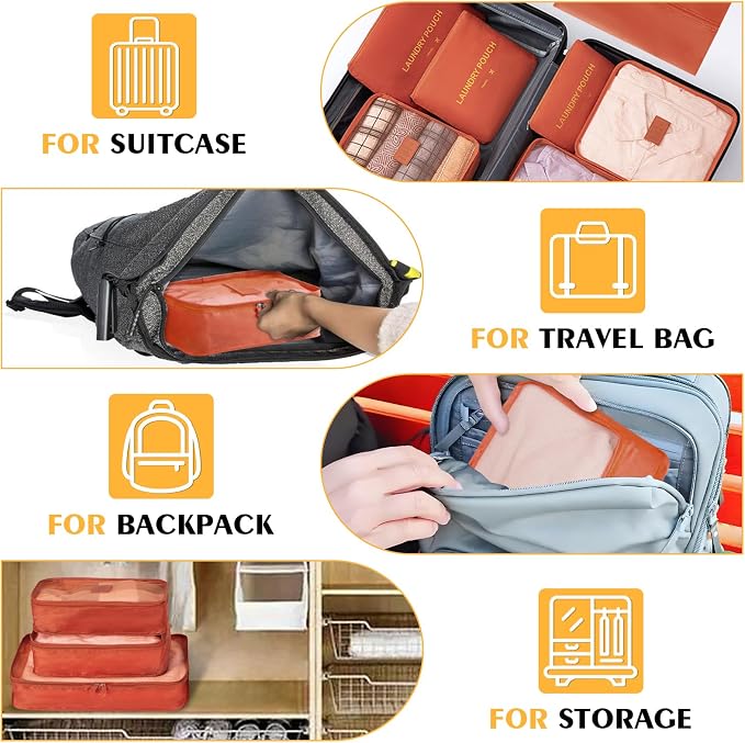 7 Set Packing Cubes for Travel Luggage Packing Bags Reusable Waterproof Suitcase Organizer Bags Set with Shoe Bag and Toiletry Bag (Orange) - Image 8