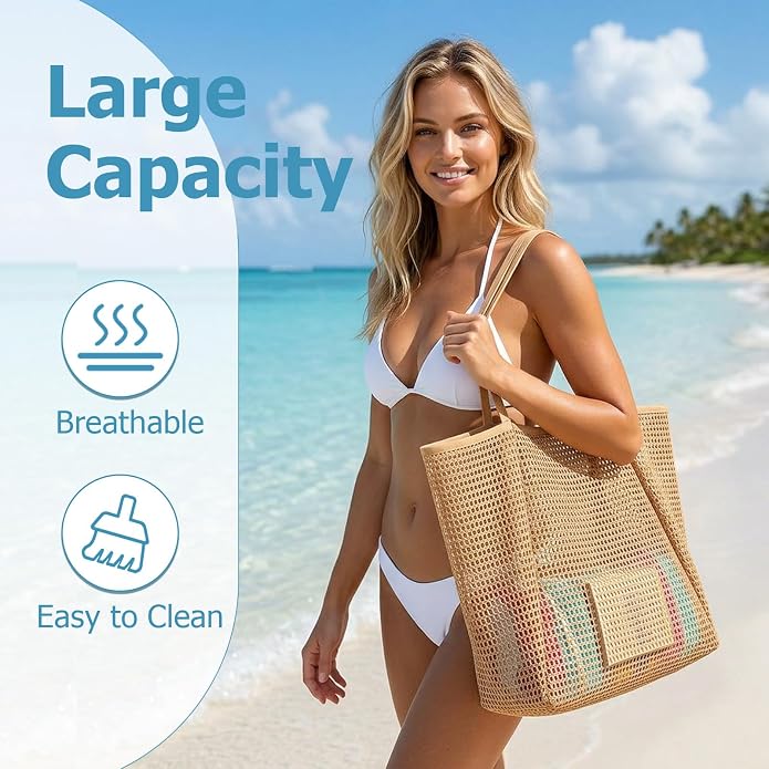 Iioscre Beach Bag for Women, Causal Hobo Handbags with Zipper Inner Pocket | Foldable Swim Tote Bag for Beach Vacation Essentials - Image 4