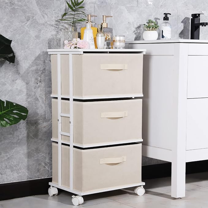 MAX Houser Dresser Tower with 3 Drawers for Bedroom, Fabric Storage Organizer Unit, Chest of Drawers with with WoodTop, Small Vertical Storage for Guest Room, Closet, Entryway(Beige) - Image 5