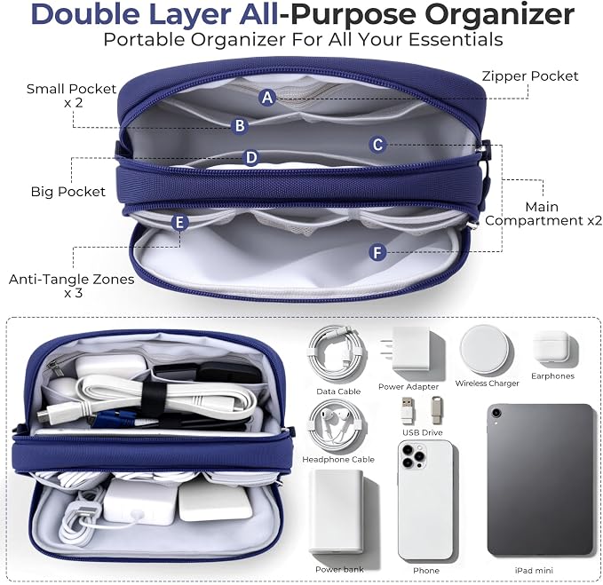Skycase Travel Cable Organizer - Lightweight Water Resistant Dual-Layer Tech Pouch with Wrist Strap 9 Compartments Electronic Organizer Travel Case for Charger Cord Hard Drive,Large,Blue - Image 2