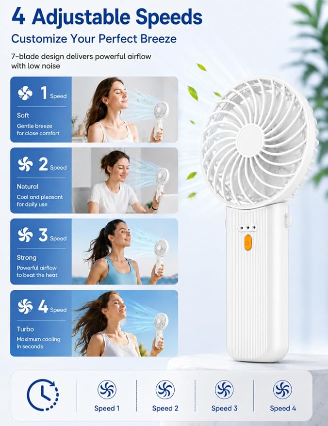 Portable Mini Fan, Quiet Foldable Fan with Lanyard (White) | 4 Speeds, 15H Rechargeable Battery, Portable Pan for Travel, Home, Office, Outdoor, Makeup, Women, Men, White - Image 2