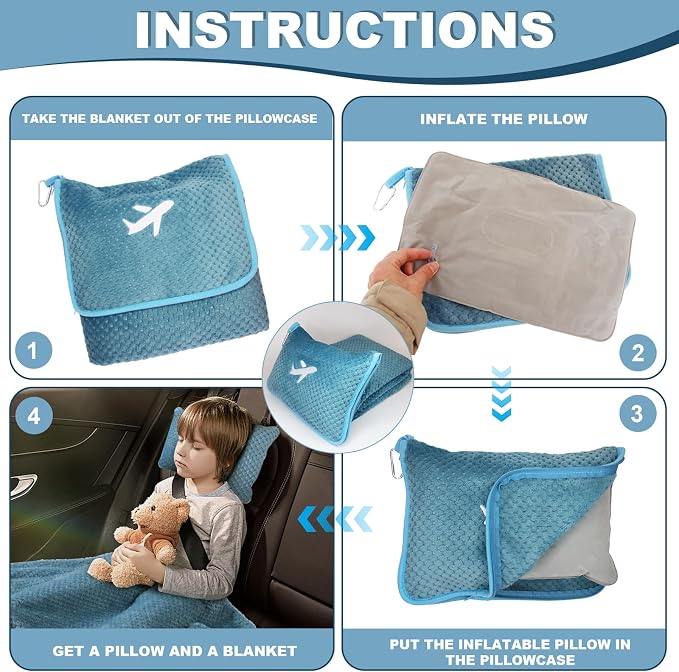 Travel Blanket Airplane Compact with Bag, Travel Essentials 3 in 1 Packable Airplane Blanket, Travel Pillow and Blanket Set, Inflatable Pillow, Luggage Sleeve & Backpack Clip (Slate Blue) - Image 6