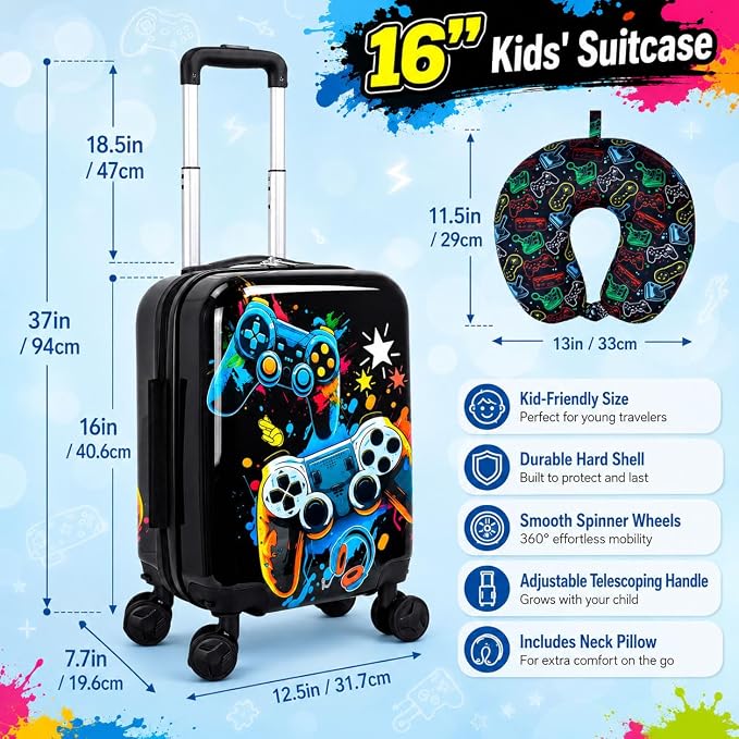 UFNDC Lightweight Hardshell Spinner Kids Suitcase Set 2PCS with Wheels - Airplane Approved Carry-On Luggage for Boys & Children Ages 3-10, Fun Game Rolling Suitcases for Elementary Toddler Travel - Image 5