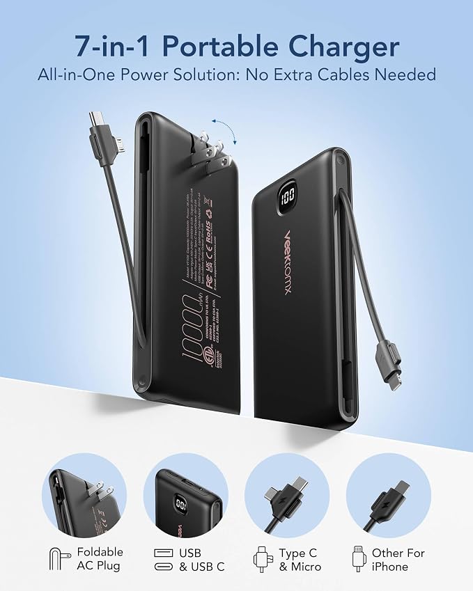 VEEKTOMX Portable Charger with Built-in Cables and AC Wall Plug, 10000mAh | Pocket-Size Travel Power Bank with USB-C and Micro-USB Cables for up to 4 Devices Including iPhone, iPad, Samsung, jet black - Image 4