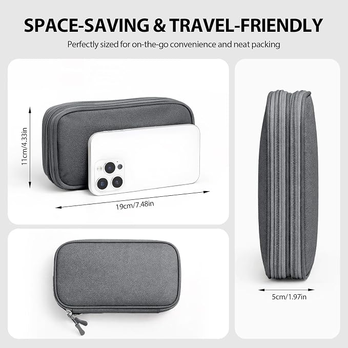 Double Layer Electronics Organizer, Tech Pouch, Dark Gray | Water-resistant Oxford fabric with padded lining. 8 compartments keep 3ft+ cords tangle-free. Includes 8 cable ties. - Image 2