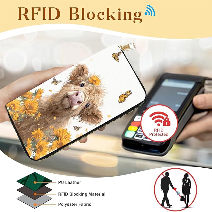 Women's RFID Blocking PU Leather Zip-Around Wallet, Large Capacity Clutch with Phone Holder, Travel Purse & Card Organizer with Removable Wristlet,Highland Cow Butterfly Flower - Image 2