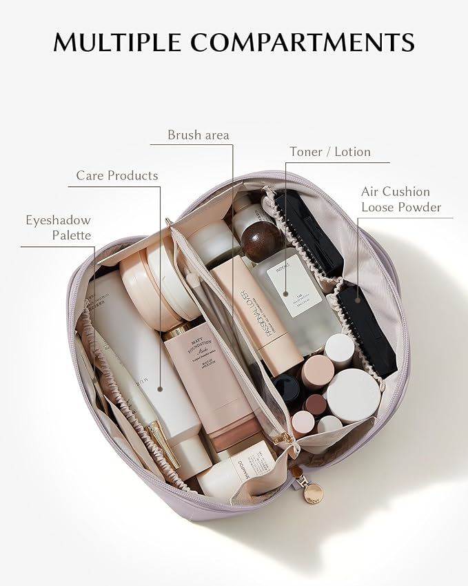 EACHY Travel Makeup Bag for Women, Flat Open Cosmetic Bag, Purple, Medium | Flat-open cosmetic organizer with pockets and clear TPU brush compartment for makeup, toiletries and travel essentials - Image 2
