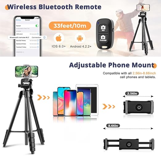65” Phone&Tablet Tripod, Aureday Cell Phone Tripod for iPhone with Wireless Remote and Phone Holder, Extendable Stand for iPad, Suit for Video Recording/Makeup/Live Streaming - Image 4