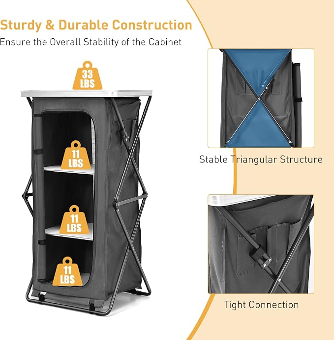 Goplus Folding Camping Storage Cabinet, Pop Up Outdoor Camping Kitchen Station with Large 3-Tier Storage Organizer, Carry Bag, Easy Set Up Portable Compact Camping Table for BBQ Picnic Backyard (47'') - Image 5