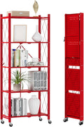 DEANIC 5-Shelf Folding Bookcase with Wheels, Heavy Duty Storage Shelves, Freestanding Metal Wire Shelving Unit for Living Room, Office, Kitchen, Basement, Pantry(Red) by ShowNow