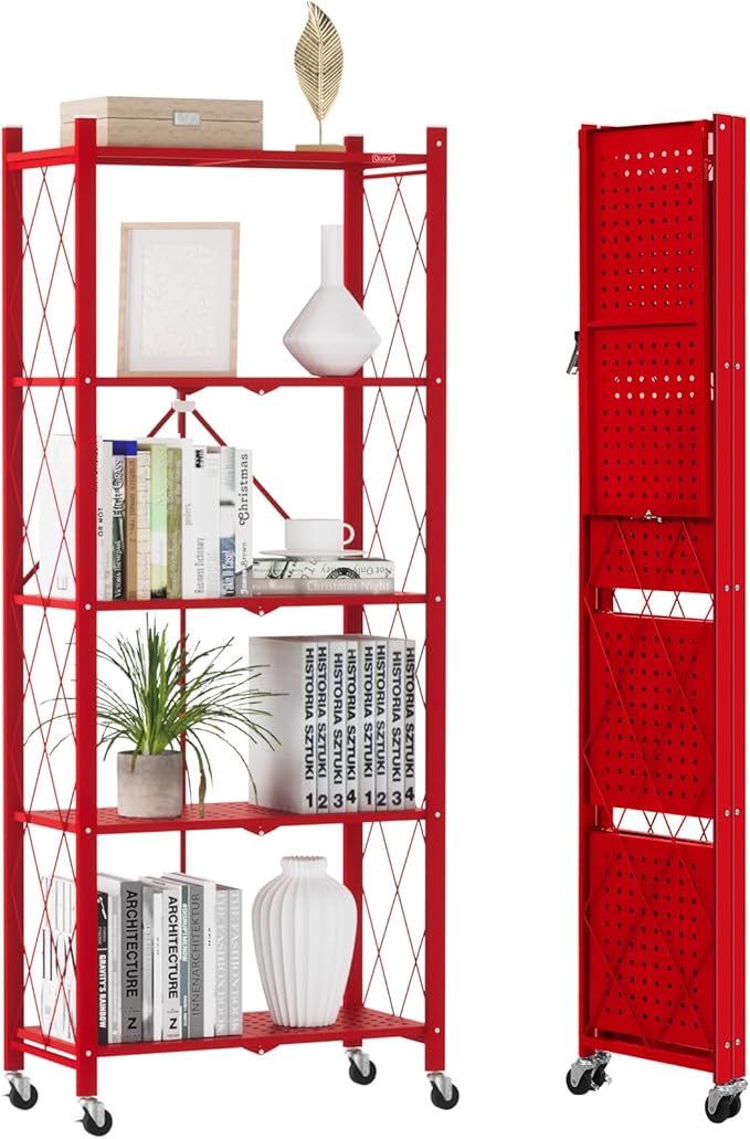 DEANIC 5-Shelf Folding Bookcase with Wheels, Heavy Duty Storage Shelves, Freestanding Metal Wire Shelving Unit for Living Room, Office, Kitchen, Basement, Pantry(Red) by ShowNow