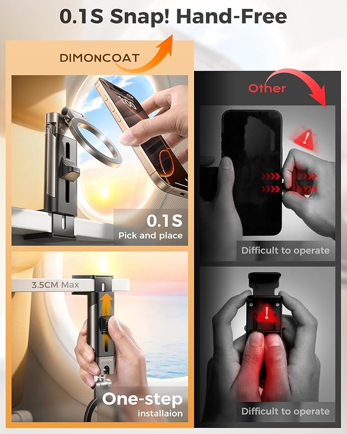 DIMONCOAT for Metal Magsafe Airplane Phone Holder, Travel Essentials Mount | [24*N55 Ultra Magnetic] 360° Adjustable Hands-Free Flying Phone Stand for Women Men, for iPhone 17 16 15 Pro Max - Image 5