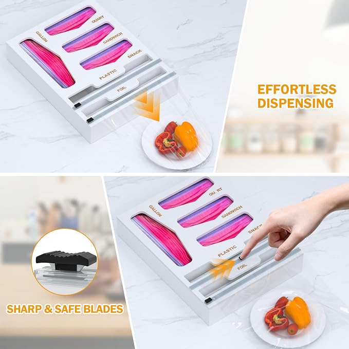 DALSHABET Bamboo Bag Organizer with Magnetic Closure, 6 In 1 Kitchen Drawer Foil and Plastic Wrap Dispenser with Cutter, Storage bag for Gallon, Quart, Sandwich, Snack White - Image 6