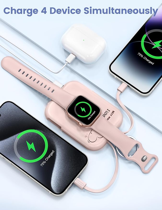RORRY CharmGo Portable Charger, 5000mAh Portable Charger Power Bank | Built-in Cables,Travel Keychain Battery Pack Essentions for Apple Watch 1~11 Series/Ultra/SE & iPhone Air/17/16/15/14/13/12 - Image 4