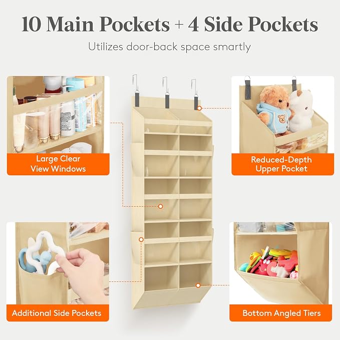 Lifewit 1 Pack Over the Door Organizer, 10 Section Clear Window Hanging Storage with 4 Side Pockets, Sturdy Anti Tilt 40 lbs Load Behind Door for Closet, Bedroom, Bathroom, Nursery, Dorm, Beige - Image 3