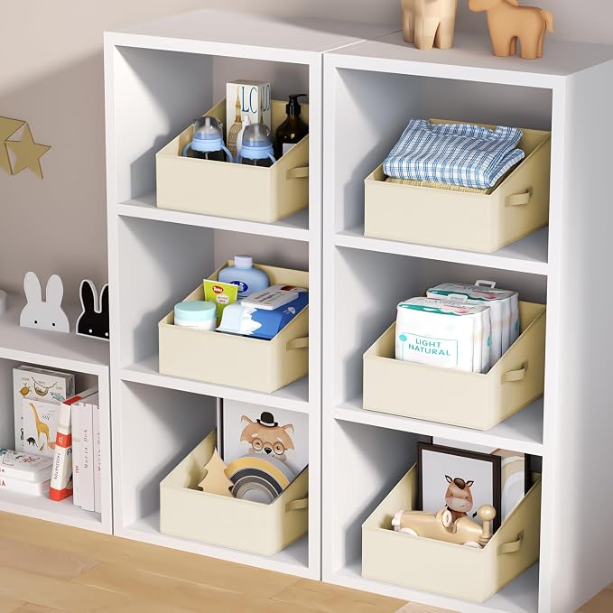 DIMJ Closet Storage Bins - Fabric Storage Baskets for Shelves, Collapsible Clothes Organizer with Handles for Purse, Toys, Books, Towel, Clothes, 6 Pack, Beige - Image 7