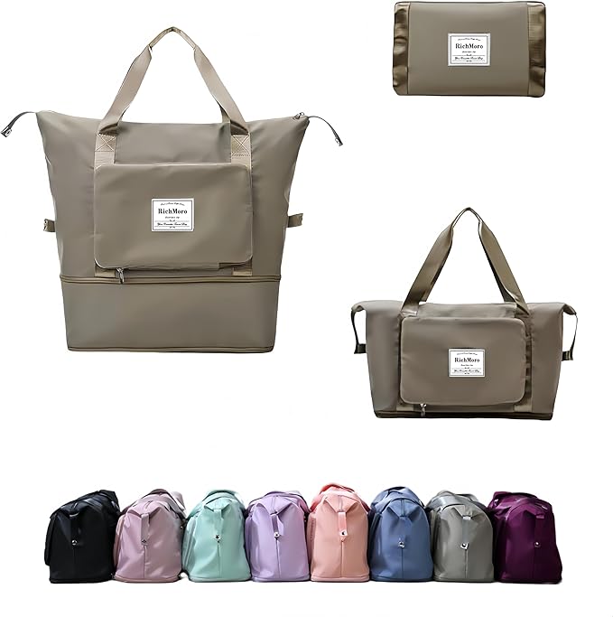 Large Capacity Foldable Travel Bag, Expandable lightweight Carry on Bag, Dry with Wet Separation Spor Duffel Bags (Khaki) by Unknown