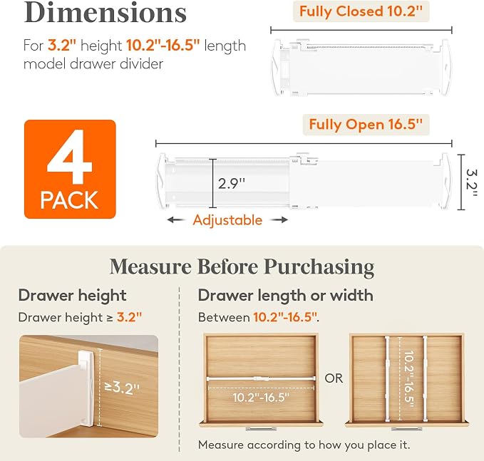 Lifewit 3.2" High Drawer Dividers for Clothes, Adjustable Drawer Organizers | 10.5"-16.5" Expandable Plastic Separator for Dresser, Kitchen, Cabinet, Closet, Nursery, Socks & Underwear Storage, 4 Pack - Image 2