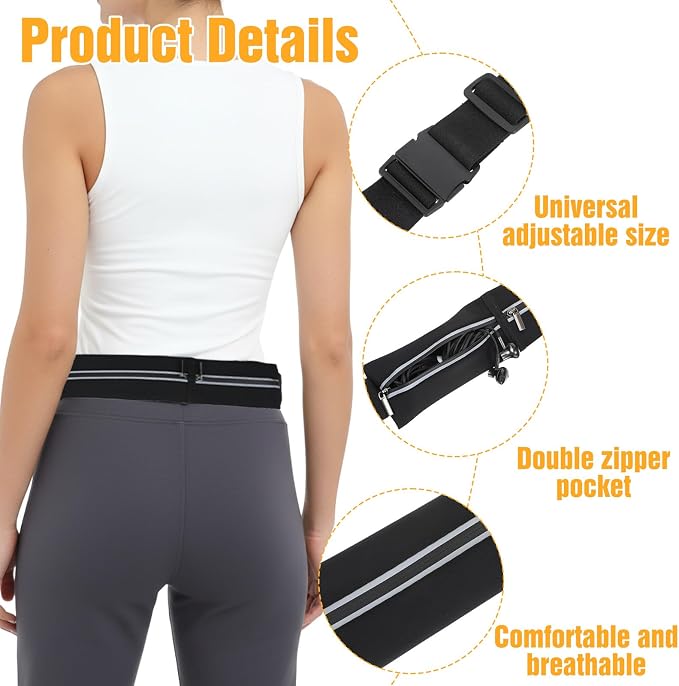 Slim Running Belt with 2 Pockets for women & Men,Runners Fanny Pack Phone Holder,Reflective Fanny Pack,Running Gear Accessories with Buckle(Black) - Image 3