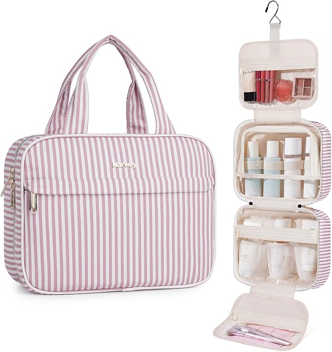 Narwey Striped Hanging Toiletry Bag for Women Travel Makeup Bag Cosmetic Make Up Organizer Toiletries Bag for Travel Essentials Accessories (Dusty Pink Stripe, Medium) by Narwey