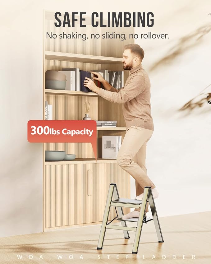Aluminum 2 Step Ladder, Foldable Step Stool, 300lbs Load, Gold | Folded 27''H x 2''T; Net 6.6 lbs; Rigid Aluminum Steps; No Assembly; For Home, Kitchen, Office, Pantry, Closets, Cabinets - Image 4