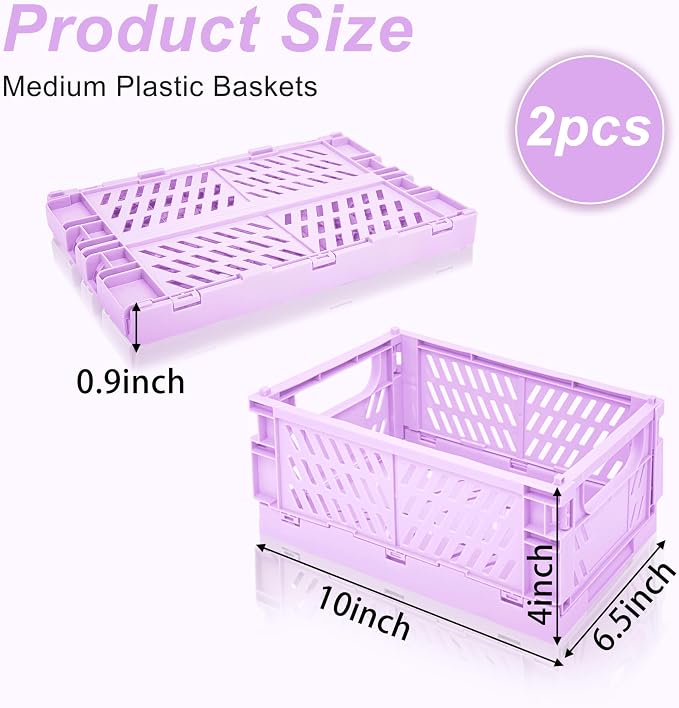 2 Pack Mini Foldable Small Plastic Baskets for Organizing and Storage，Collapsible Storage Crates,Mini Bins for Home Kitchen Bedroom Bathroom Office (Purple, Large 10x6.5x4) - Image 2