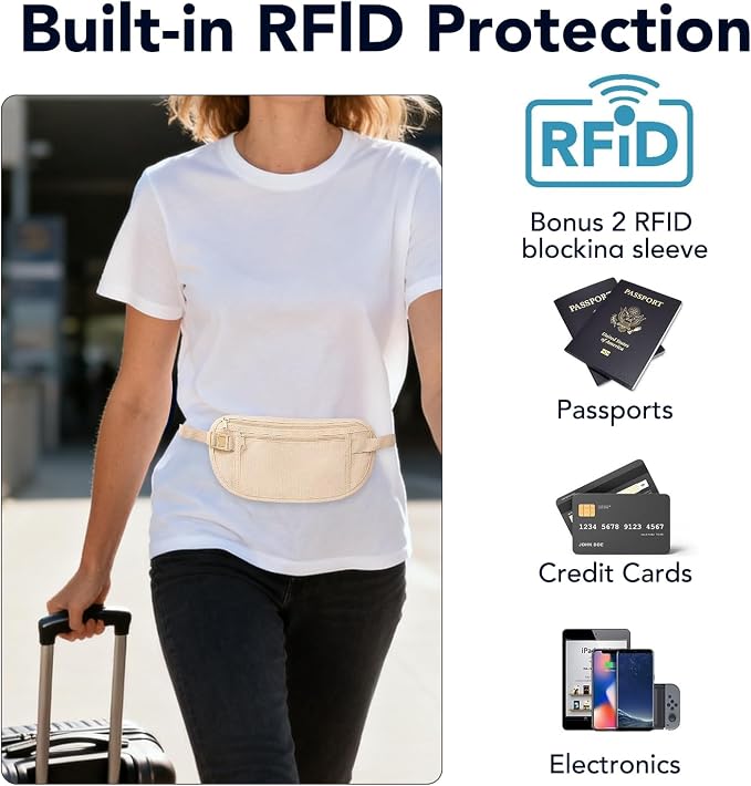 Money Belt for Travel with Anti-Theft RFID Blocking Cards Cover, Phone Wrist Strap, Passport Holder, Slim Waist Wallet Men Women, Money Pouch under Clothes for Travel, Running, Hiking, Beige - Image 3