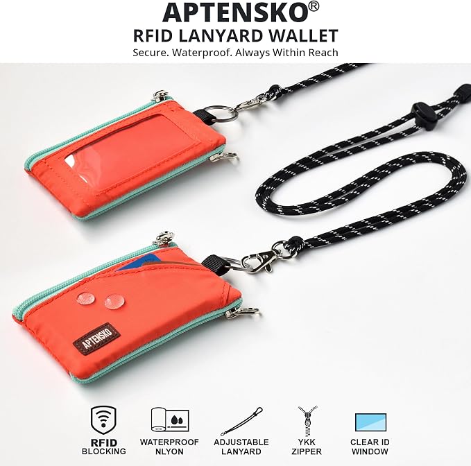 RFID Blocking Travel Wallet with Adjustable Lanyard, Small Nylon Zipper Pouch and Badge Holder for ID, Credit Cards, Cash, Keys, Commuters (Blazing Orange) - Image 2