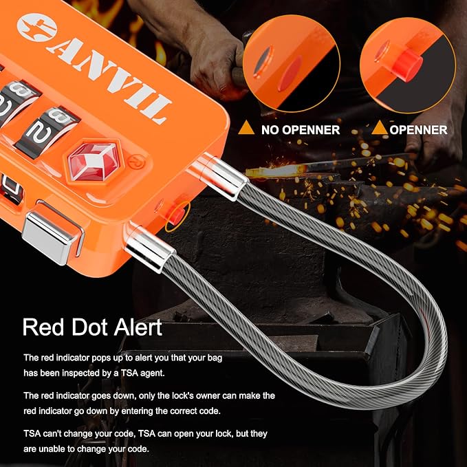 ANVIL TSA Locks for Luggage with Search Alert: Durable Cable Combination Locks, TSA Approved - Secure Travel Locks for Suitcases, Backpacks & Gun Cases (2, Orange) - Image 3
