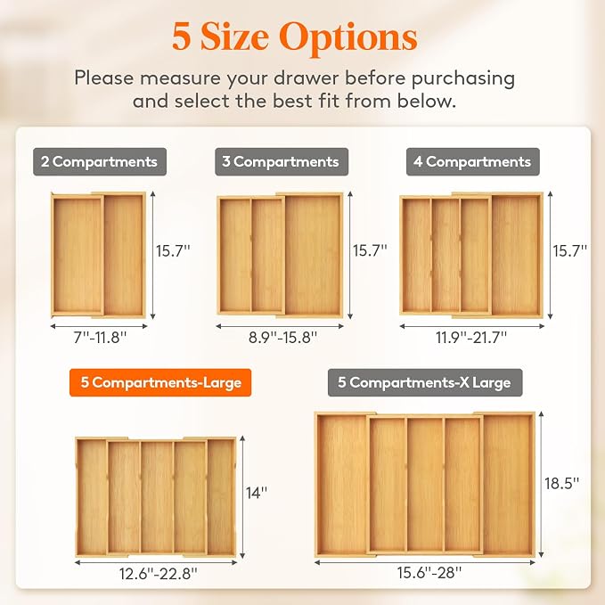 Lifewit Bamboo Utensil Organizer for Kitchen Drawer, Cooking Utensil Tray | Expandable Cutlery Silverware Flatware Holder, Wood Adjustable Spatula Tools Storage Divider, 12.6-22.8 x 14", Natural - Image 4