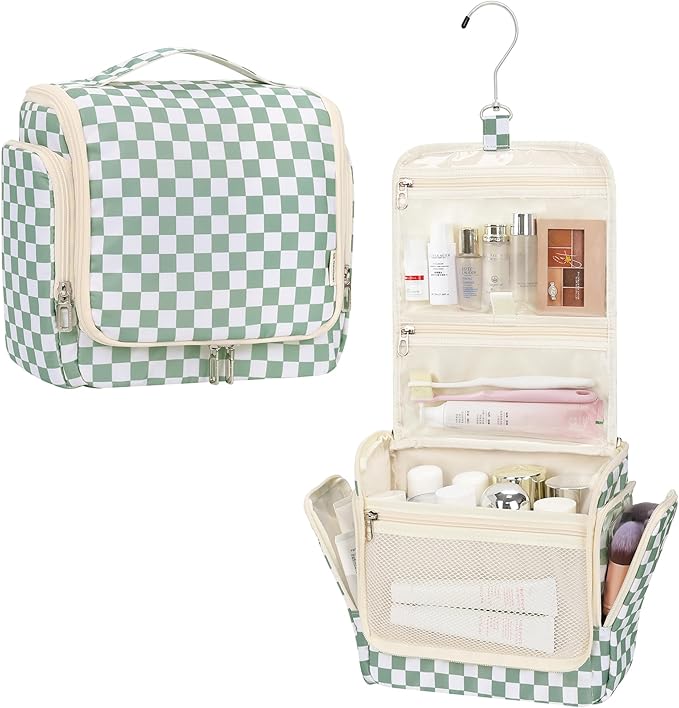 Relavel Travel Toiletry Bag for Women Makeup Bag Cosmetic Organizer Toiletries Bag with Hanging Hook for Travel Size Essentials Accessories Shower Caddy Bag for Bathroom Beach Gym, Green Checkerboard by Relavel