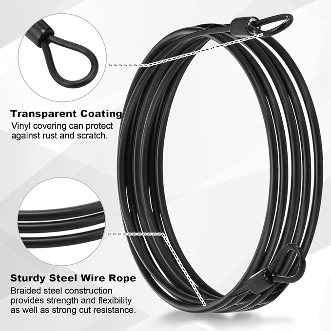 12 Pack Security Cable Luggage Lock with Loops 7 ft 3mm Braided Steel Coated Bike Cable Wire Double Loop Anti Theft Safety for U Lock, Padlock and Disc(Black) - Image 4
