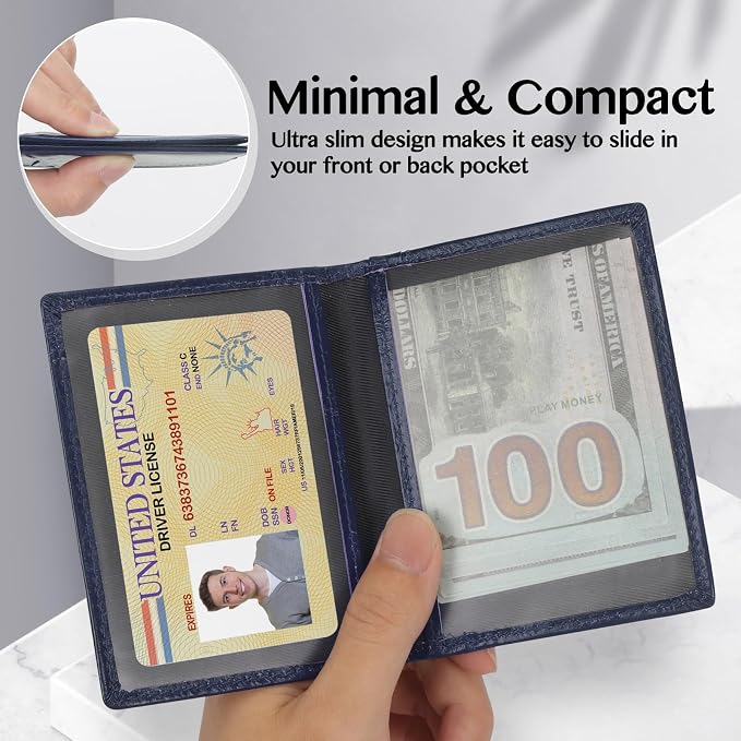 Unaone Slim Minimalist Wallet - Premium Leather RFID Blocking Front Pocket Wallets with 8 Card Slots and 2 ID Window, Dark Blue - Image 5