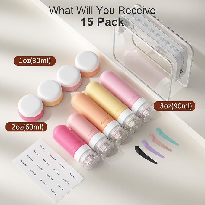 Quatish 15 Pack Travel Bottles for Toiletries, Original Patented, TSA Approved Travel Size Containers, Leak Proof Silicone Shampoo and Conditioner Bottles Women & Men, Airplane Essentials, Macaron - Image 2