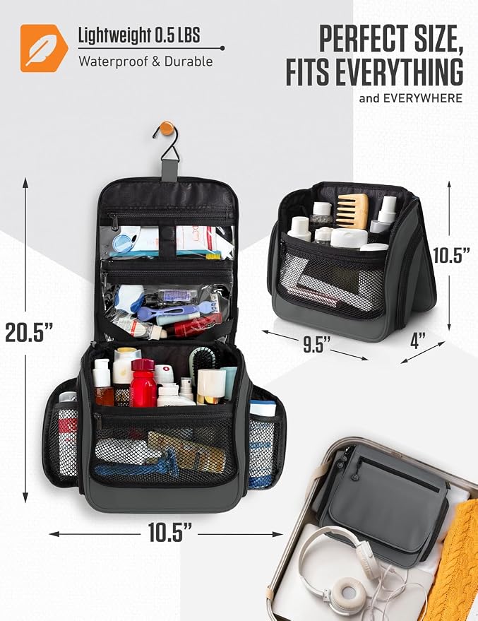 VENTURE 4TH Hanging Travel Toiletry Bag, 18 Compartments - Gray | Hangs on rails, hooks or doors; stands upright. Removable TSA pouch. Water-resistant Nylon 290D Twill, reinforced stitching. - Image 2