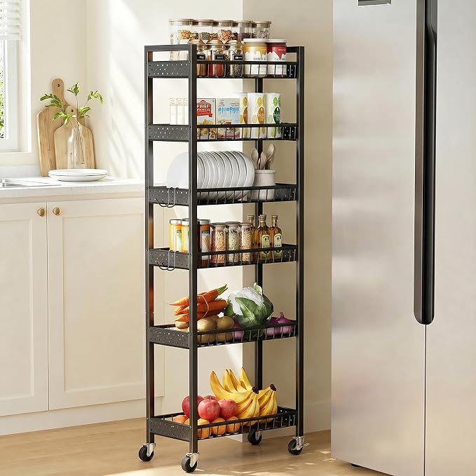 6 Tier Slim Storage Cart, Narrow Rolling Cart with Wheels, 10in(W) | Narrow Mobile Utility Shelf Unit Organizer for Kitchen, Bathroom, Laundry Room, Living Room, Small Places, Black by Kssiaz