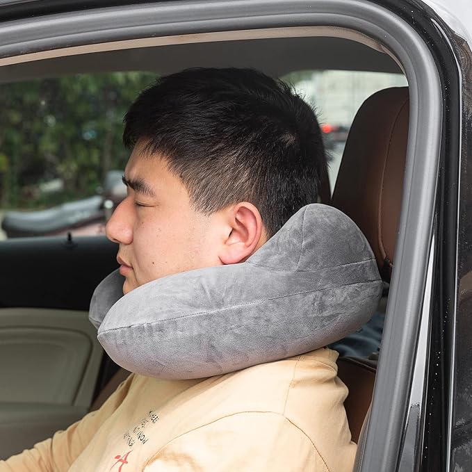 Inflatable Travel Pillow, Neck Pillow Support for Traveling, Airplanes, Cars, and Offices with Compact Carrying Bag, Soft Velvet Washable Cover, Ideal for Adult Sleepers (Grey) - Image 9