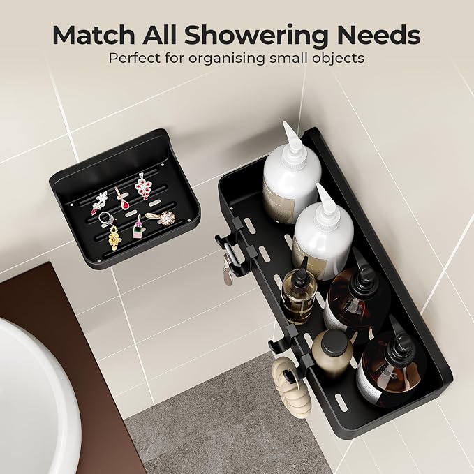 Orimade Shower Caddy 3-Pack, No-Drill Adhesive Shelves with 4 Hooks for Bathroom, Rustproof ABS Plastic Storage Organizer Set, Black - Image 3
