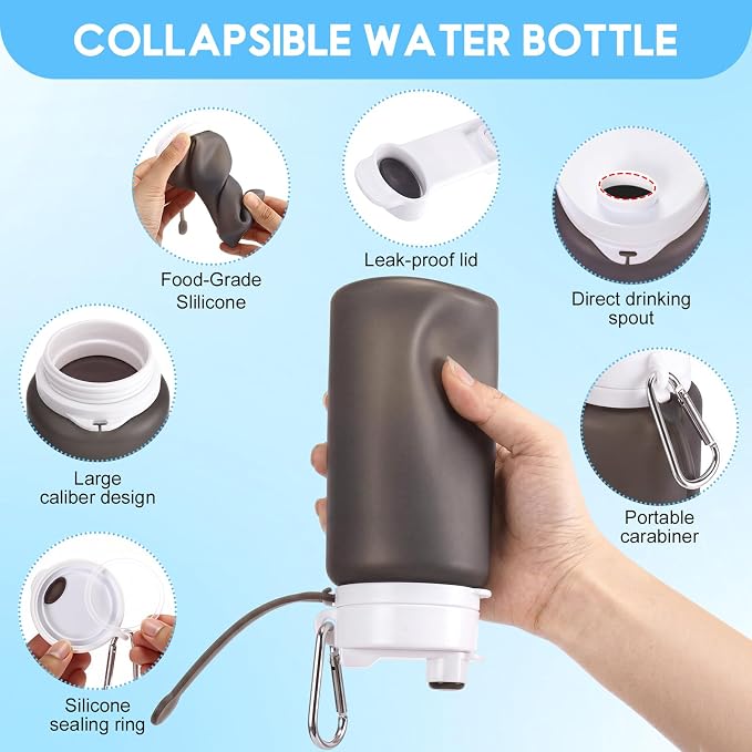 LemonRoad 2 Pcs 19 oz Silicone Collapsible Water Bottle, Gray Blue | Portable Foldable Water Bottle, Leakproof, Carabiner, Reusable, Lightweight, for Travel Sport Hiking Camping Cycling Office - Image 3