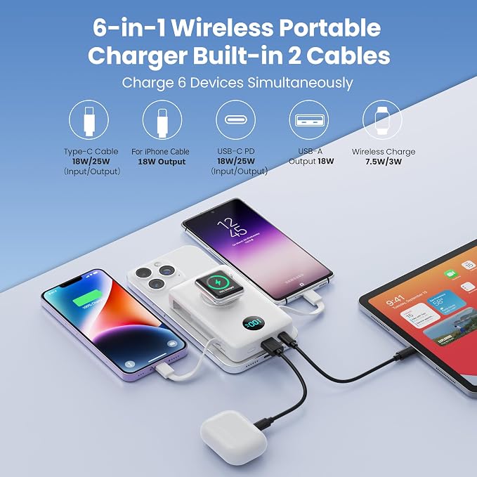 Magnetic Portable Charger 10800mAh with Built-in Cables,Wireless Power Bank for Magsafe,25W PD Fast Charging USB-C Travel Essentials Battery Pack for iPhone 17/16/15/14/13/12 Series,Apple Watch-White - Image 7