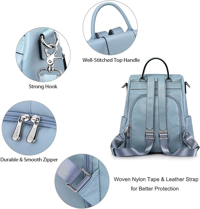 S-ZONE Leather Backpack Purses for Women Antitheft Rucksack Shoulder Bag Medium | Genuine Leather, Medium Fits 9.7-inch Tablet, for Work Travel Daily Commute, Multi Pockets, Adjustable Dual Straps - Image 5