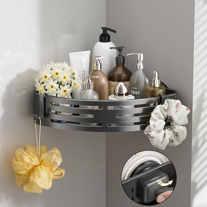 Corner Shower Caddy Suction Cup,Shower Shelves with Hooks,No Drilling Powerful Suction Bathroom Organizers and Storage,Removable Waterproof Rustproof Shower Bathroom Accessories Decor(Grey 1Pack) by ONXEBornforqualityNeverWasteYourMoney