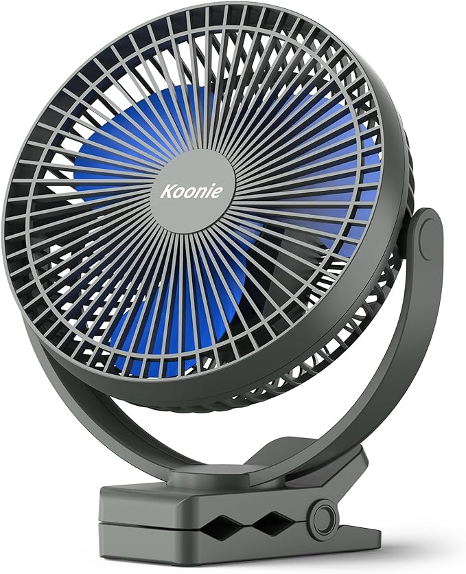 Koonie 8" Clip on Fan, 10000mAh Rechargeable Battery, Strong Airflow | 4 Speeds, Sturdy Clamp, Ideal Portable USB Desk Fan for Office, Golf Cart, Camping, Travel, Tent, Outdoor, Treadmill & Gym by Koonie