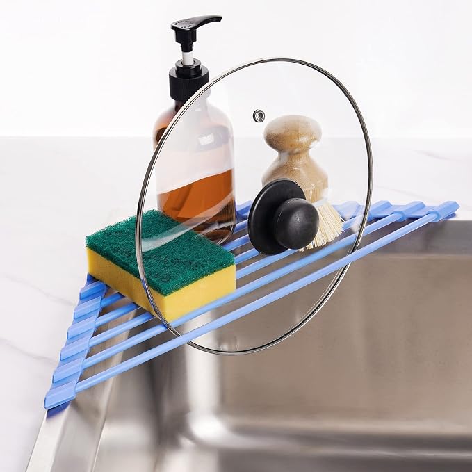 Tomorotec Triangle Roll Up Dish Drying Rack with Silicone Coating, Blue | 304 Stainless Steel with BPA-Free Silicone, Triangle Design Maximizes Sink Corner Space, Fits Compact Kitchens And RVs - Image 6
