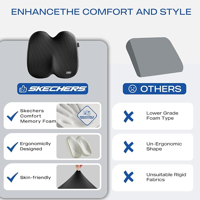 Skechers Seat Cushion, Ergonomic Memory Foam Cushion for Long Sitting Hours on Office & Home Chair, Car Seat Cushion for Sciatica, Coccyx Cushion,Black - Image 6