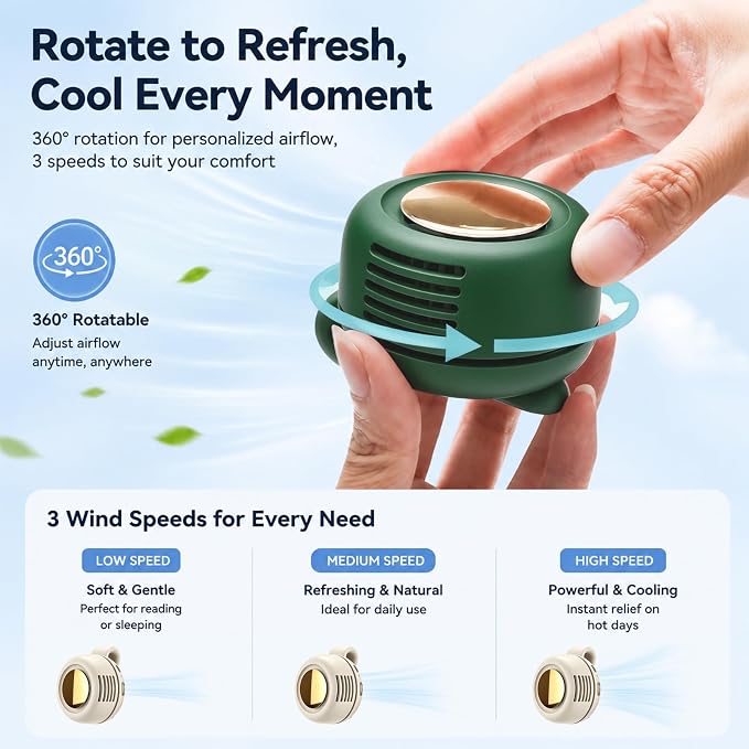 Portable Clip-on Fan Silent Bladeless Mini Fan | 360°Rotation 3-speed Modes Whirlwind Waist Clips Fans Hands-Free Cooling Fan Outdoor Trip Work Travel White-Green 2 Pack - Image 2