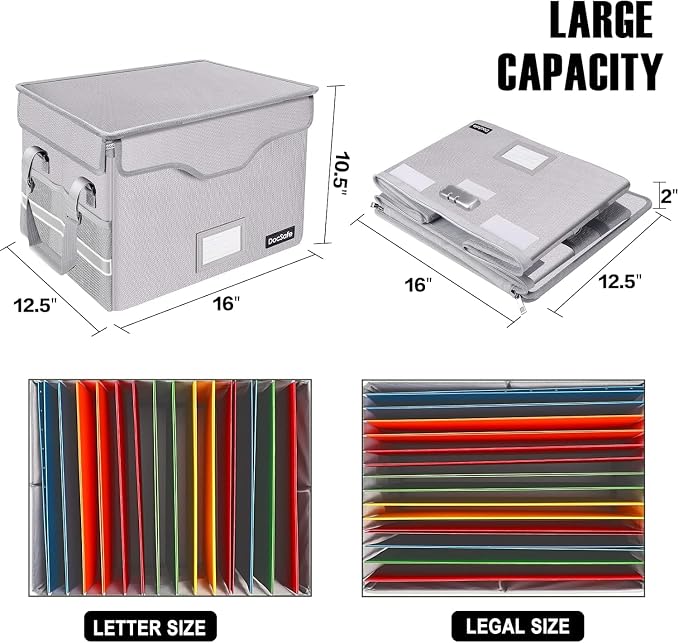 DocSafe Fireproof Document Box with Lock,File Storage Organizer with Pockets,Collapsible Portable File Box Home Office Safe Filing Cabinet with Handle for Hanging Letter/Legal Folders,Silver,2 Pack - Image 5